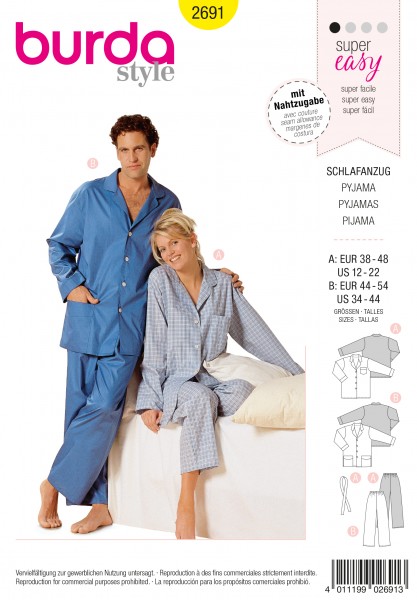 burda super easy Pyjama Damen 38 - 48, Herren 44 - 54 2691